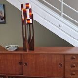 Unique mid-century sculptural walnut lamp – geometric shade