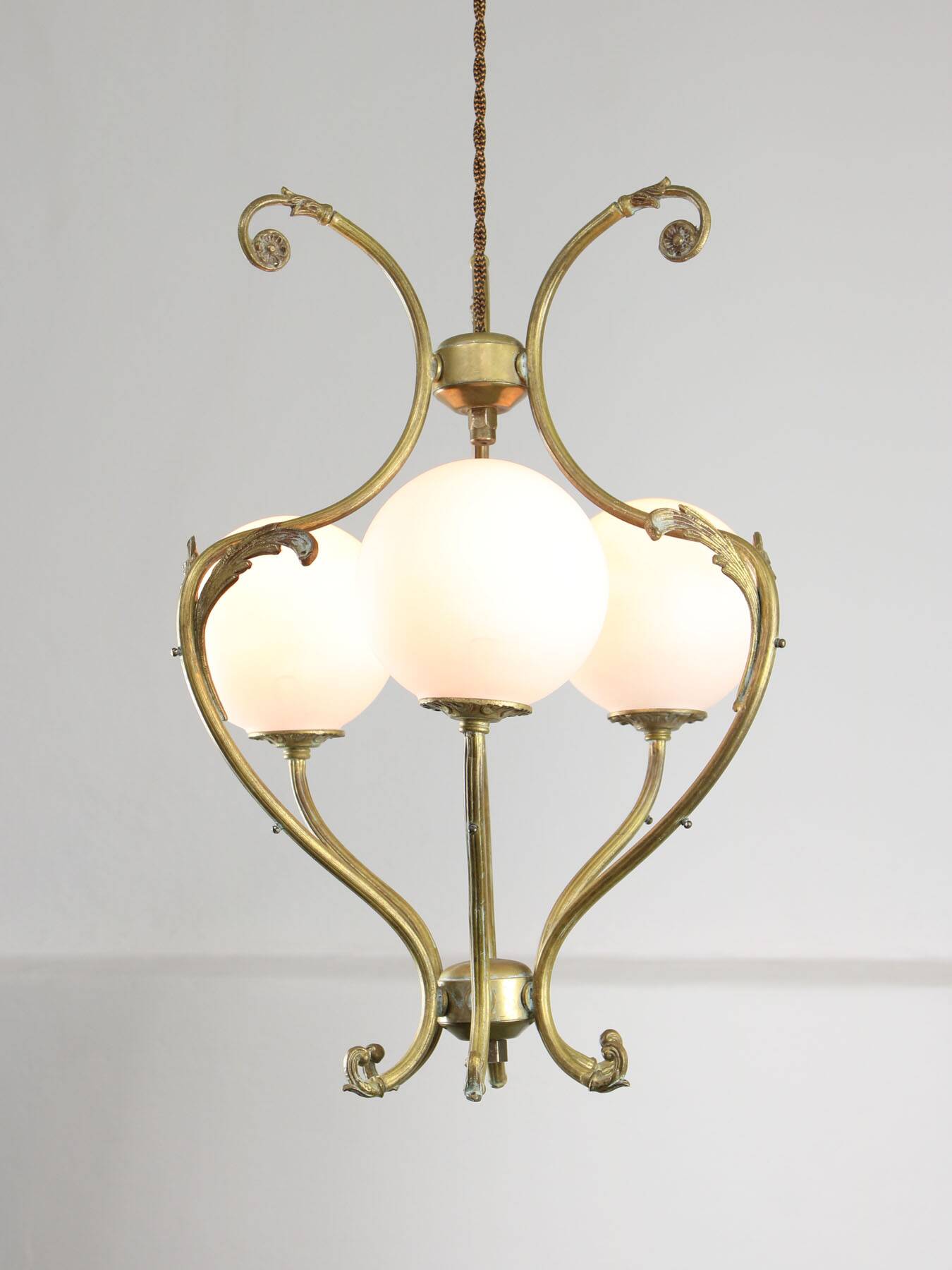 Antique Italian Brass and Opaline Chandelier