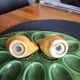 Earthenware egg dish with chicken-shaped salt and pepper shakers