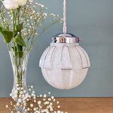 Vintage art deco globe pendant light in white and silver Clichy glass