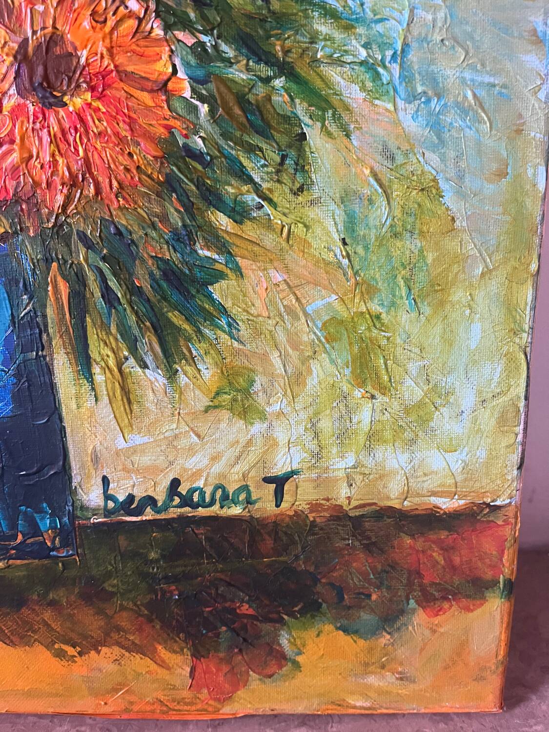 Sunflowers in a blue vase, knife technique, signed