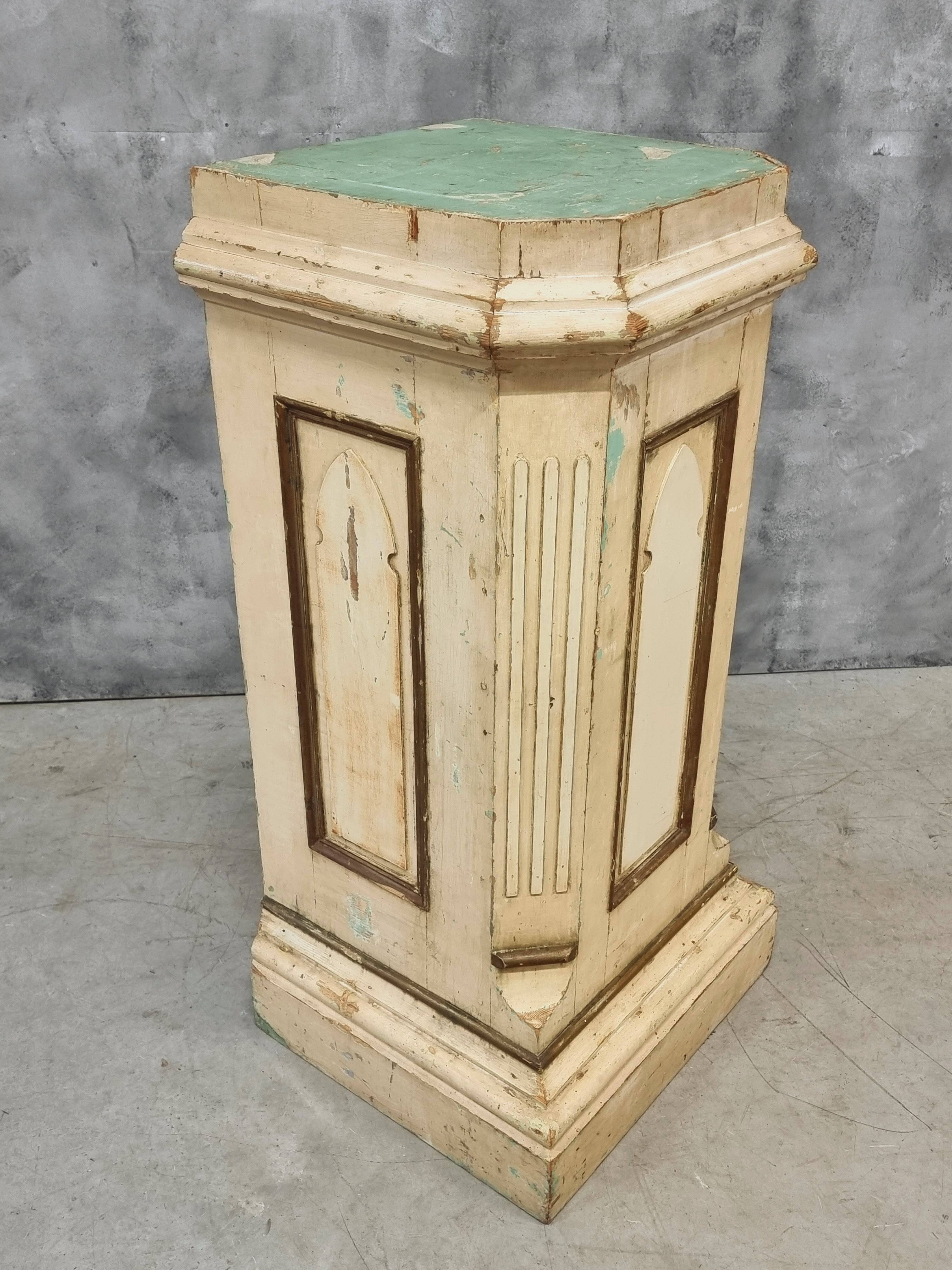 Antique church column on wooden base 135 cm high
