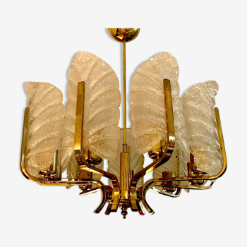 Chandelier Carl Fagerlund by Orrefors with 9 Murano leaves 1960