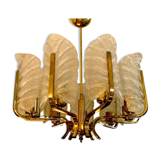 Chandelier Carl Fagerlund by Orrefors with 9 Murano leaves 1960