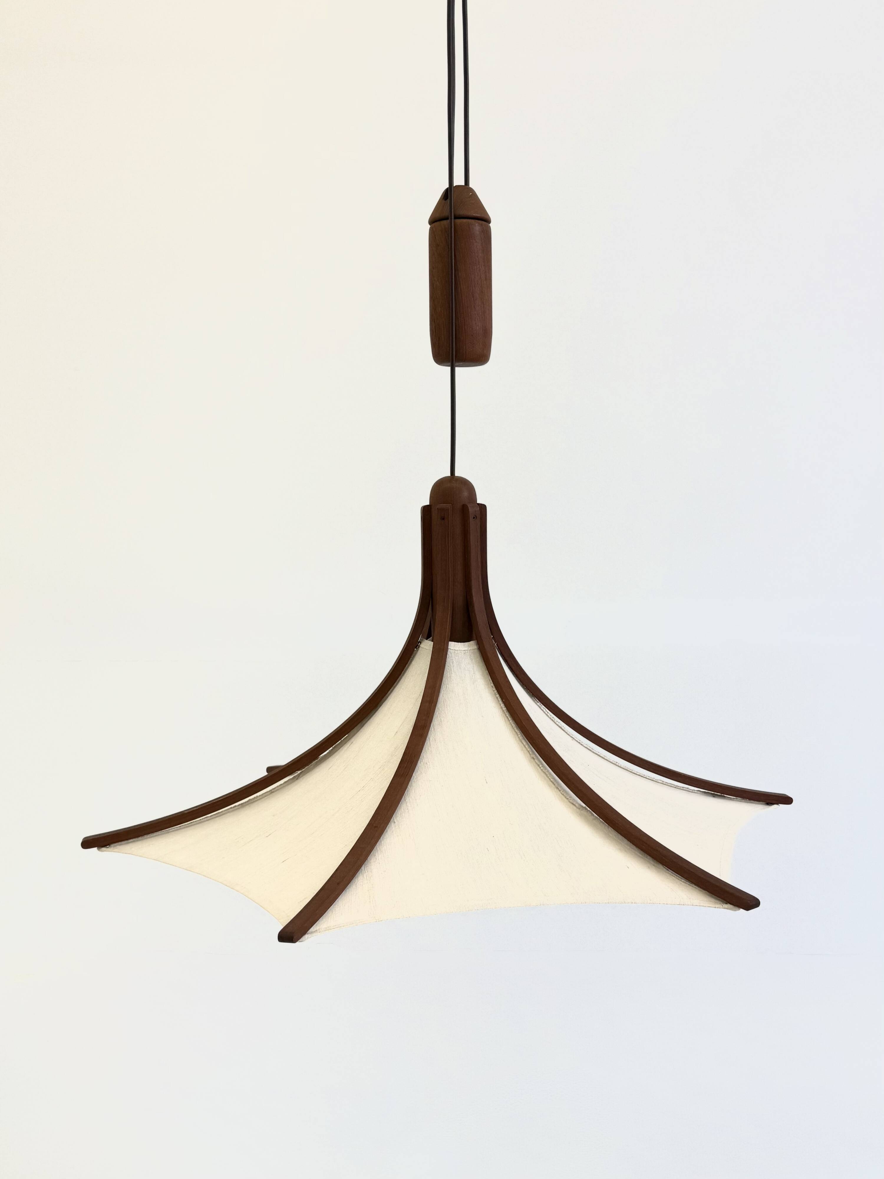 Mid-century teak pendant lamp from Domus with linen shade