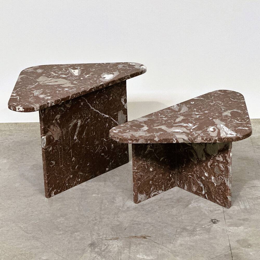 Set of 2 Belgian Rouge Griotte marble coffee tables, vintage postmodern nesting