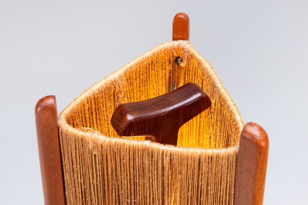 Temde tripod floor lamp in sisal and teak, Switzerland, 1960