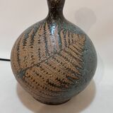 Lampe en grés vintage artiste Alain Blanchard 1970 fougère abat-jour corde raphia campagne