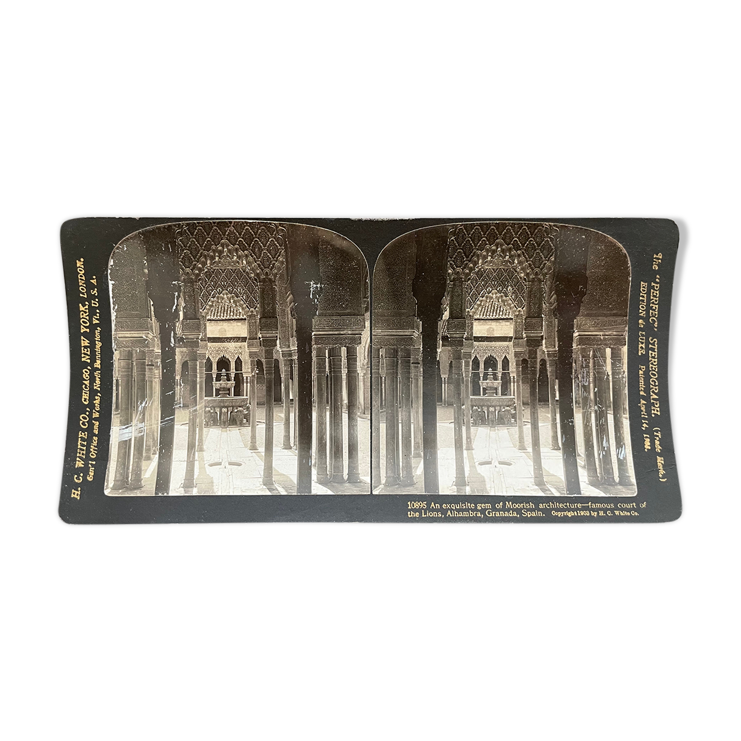 Old photography stereo, stereograph, luxury albumine 1903 Court of lions, Granada, Spain