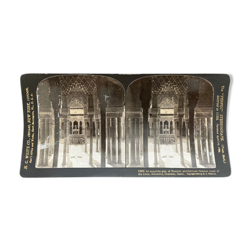 Old photography stereo, stereograph, luxury albumine 1903 Court of lions, Granada, Spain