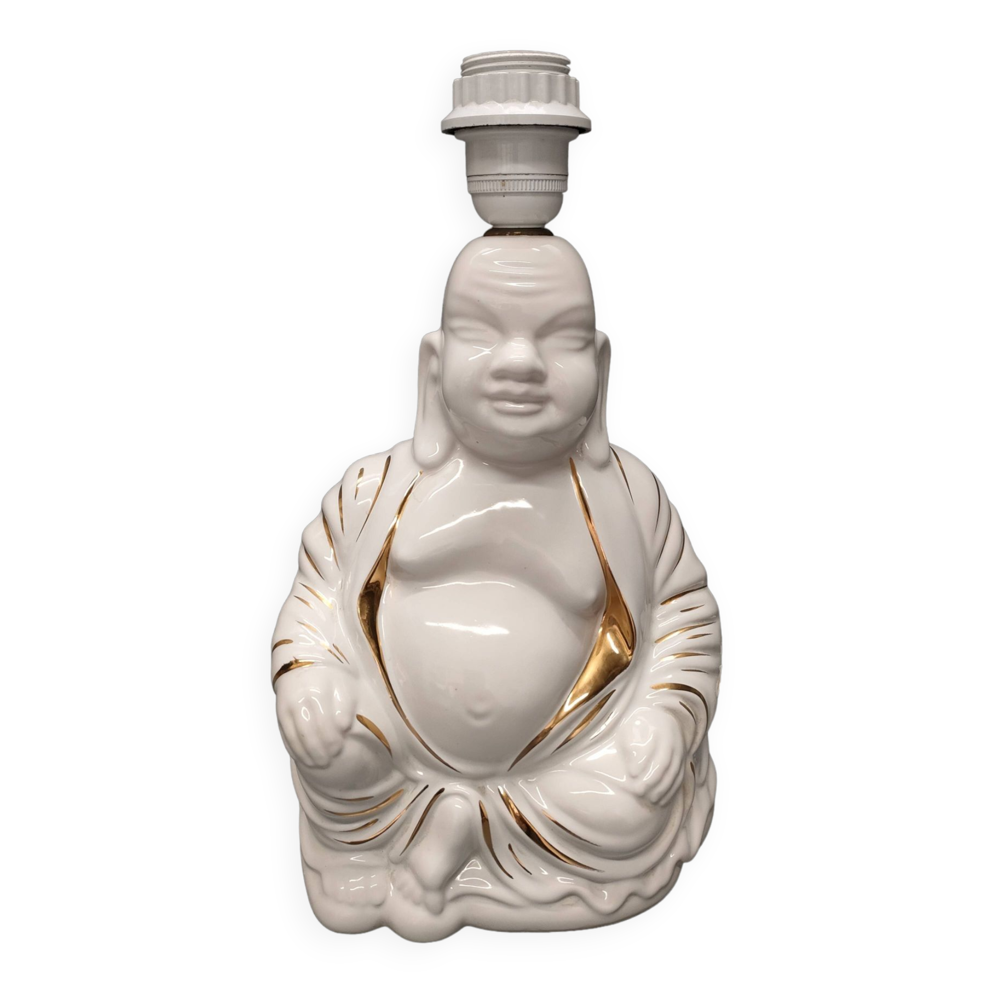 Seated Buddha lamp base ~ glazed and gold white ceramic ~ 80s