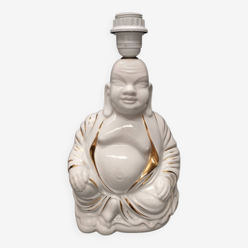 Pied de lampe Bouddha assis ~ céramique blanche vernissée et dorée ~ années 80