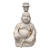 Pied de lampe Bouddha assis ~ céramique blanche vernissée et dorée ~ années 80