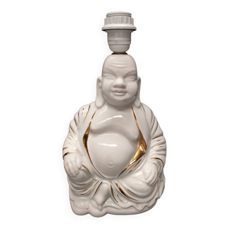 Pied de lampe Bouddha assis ~ céramique blanche vernissée et dorée ~ années 80