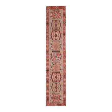 1970s Vintage Turkish Oushak Handmade Wool Cotton Red Runner Rug 70x354