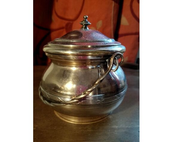 Small old silver metal pot with lid and handle
