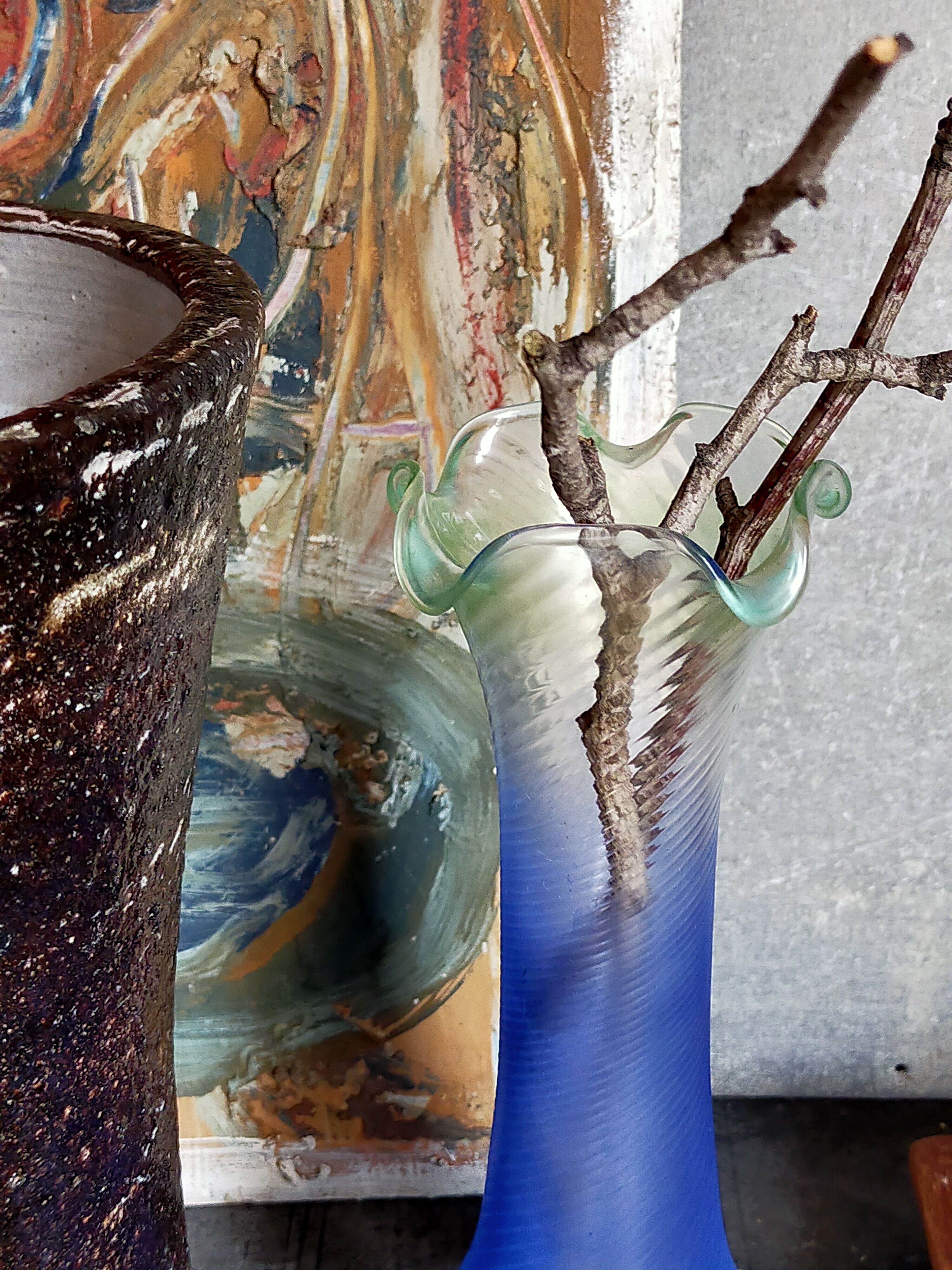 Blown glass vase frosted effect blue and vintage green