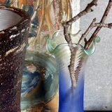 Vase en verre soufflé effet givré bleu et vert vintage