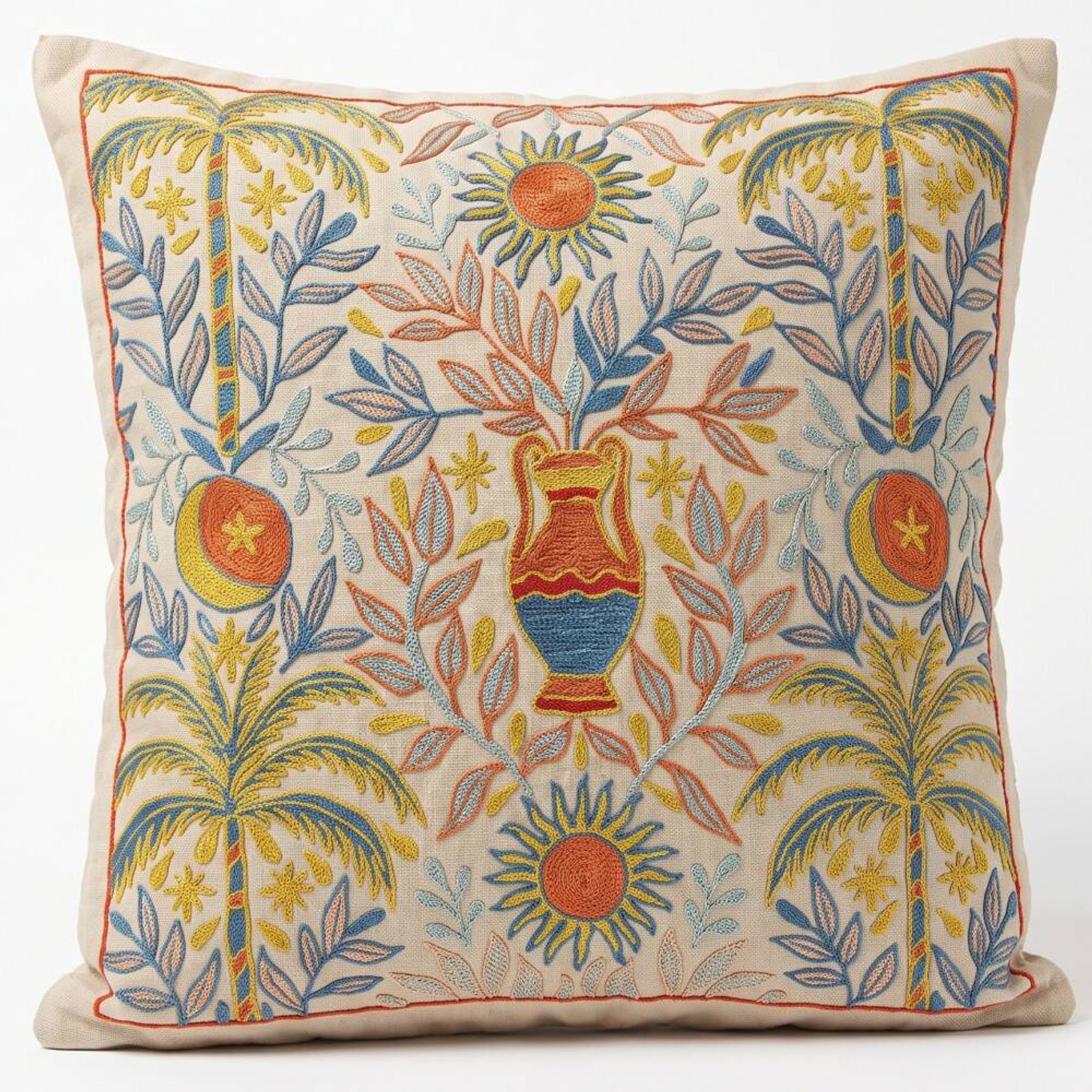 Silk Embroidered Palm Tree Pattern Cushion Cover. Ivory Throw Pillow Case. Traditional Folk Accent Pillow
