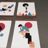 Set of 6 posters in leather and teak Scandinavian design