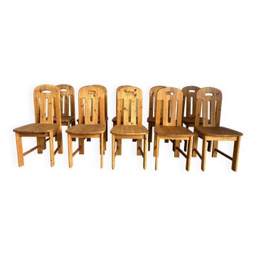 10 chaises de salle à manger en bois de pin par Effezeta Italie, années 1970