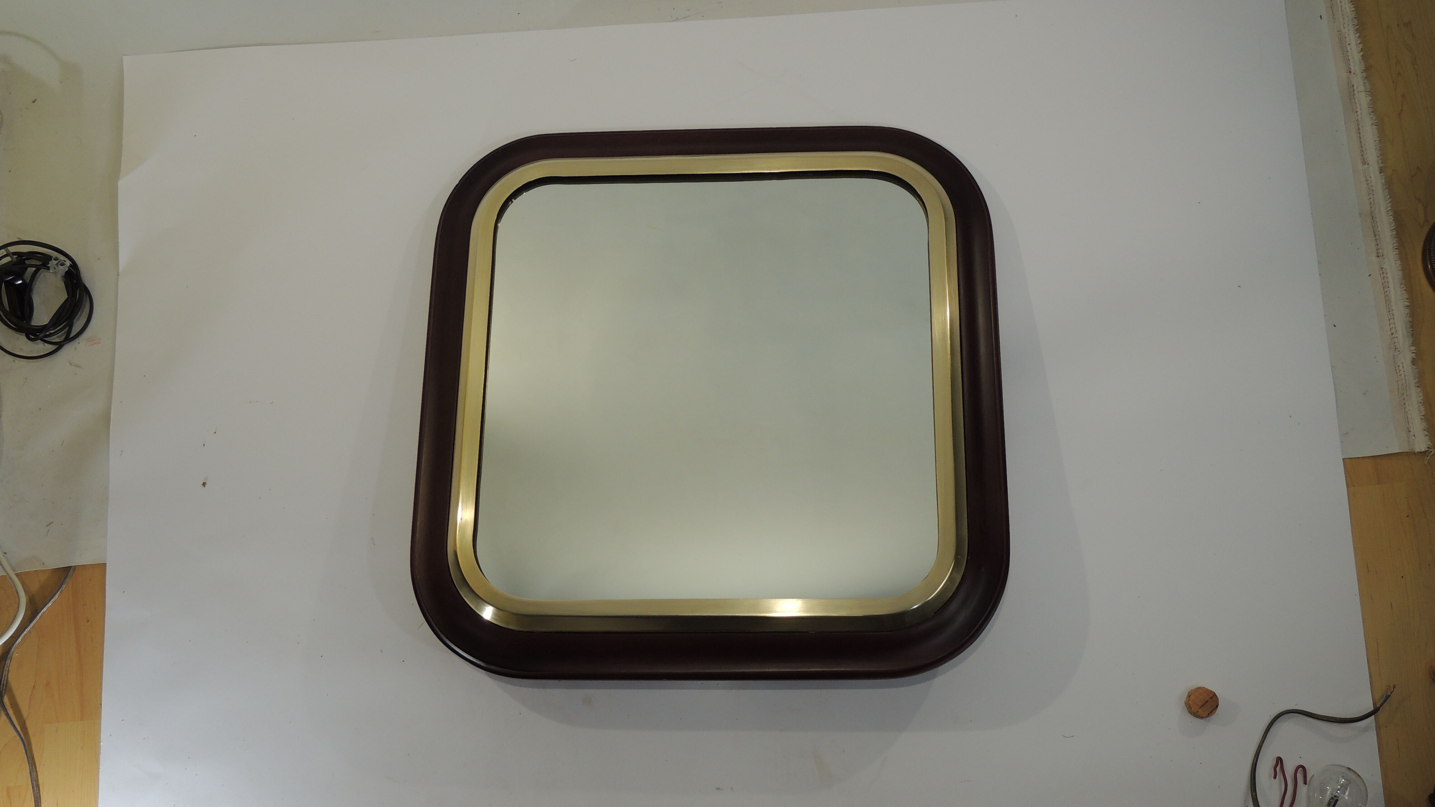 Square mirror mahogany and brass / vintage 60x60cm