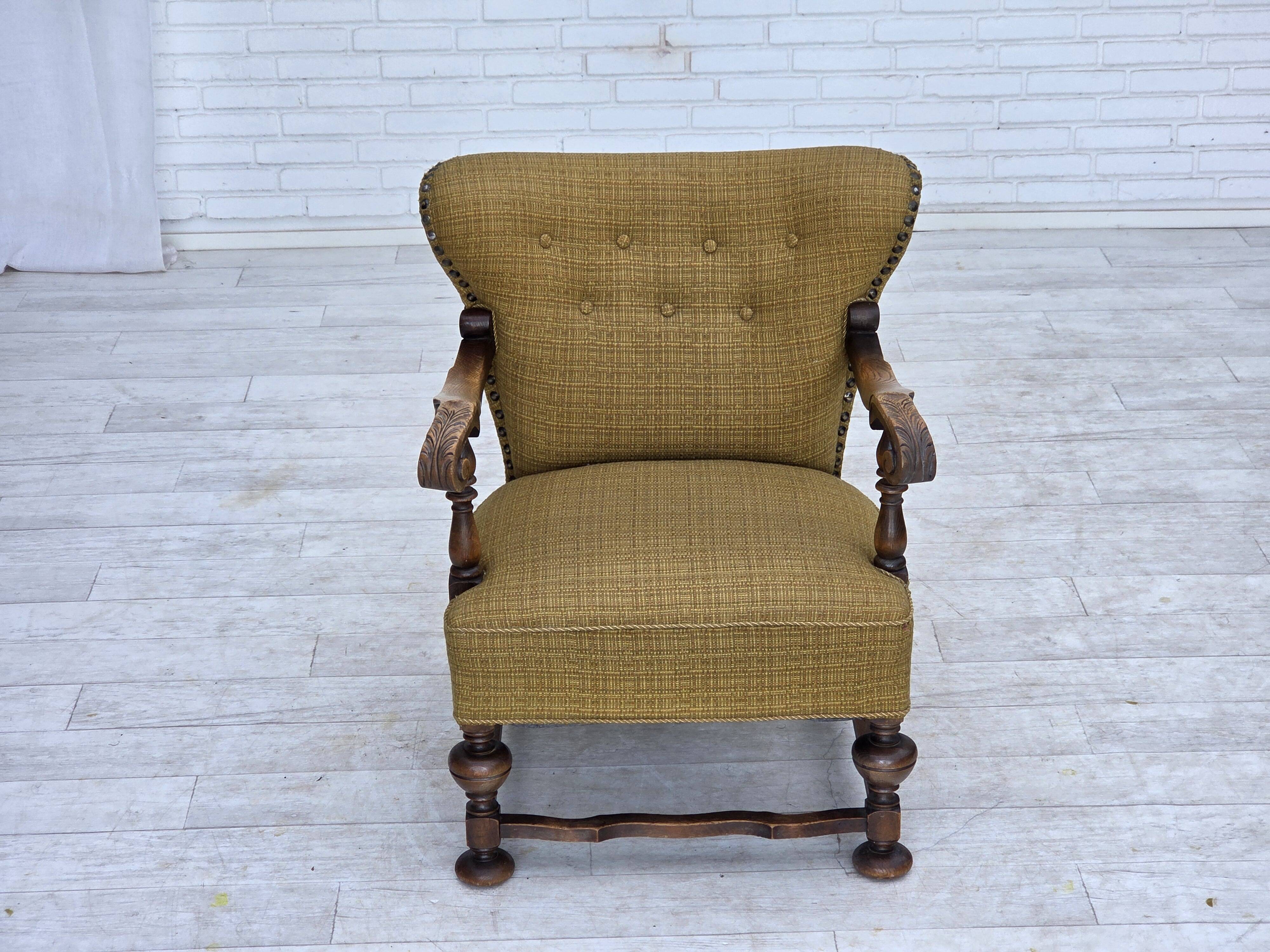 1960s, Danish armchair, original green furniture wool, carved oak wood,