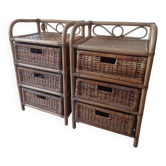Set of 2 vintage rattan chests of drawers with 3 drawers