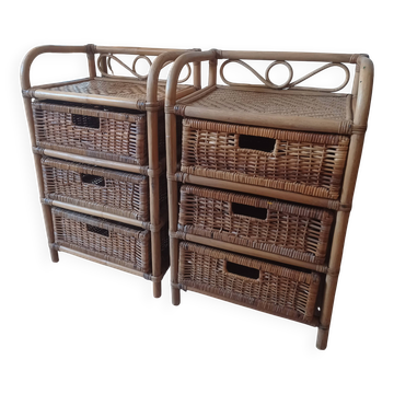 Set of 2 vintage rattan chests of drawers with 3 drawers