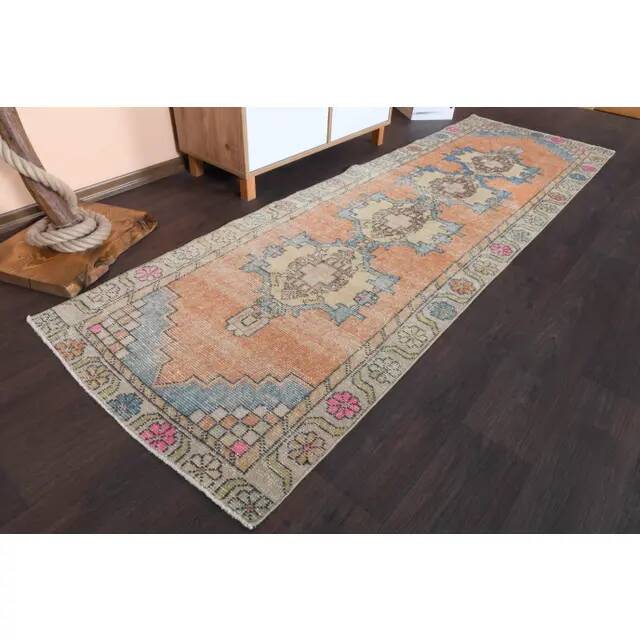 1970s Vintage Turkish Hand-Knotted Wool Cotton Orange Runner Rug 82x261