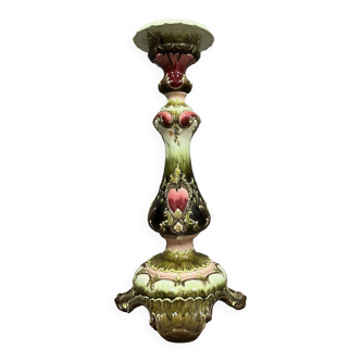 Sellette de forme balustre en céramique polychrome à décor de feuillages