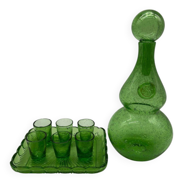 Service à liqueur Biot verre soufflé vert bullé carafe 6 verres plateau