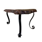 Brutalist coffee table in solid elm and wrought iron, ram's horn legs.