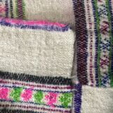 Natural white wool fluffy rug with colourful stripes, Romanian handwoven carpet