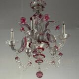 Venetian chandelier in colorless and red Murano glass, 5 light arms