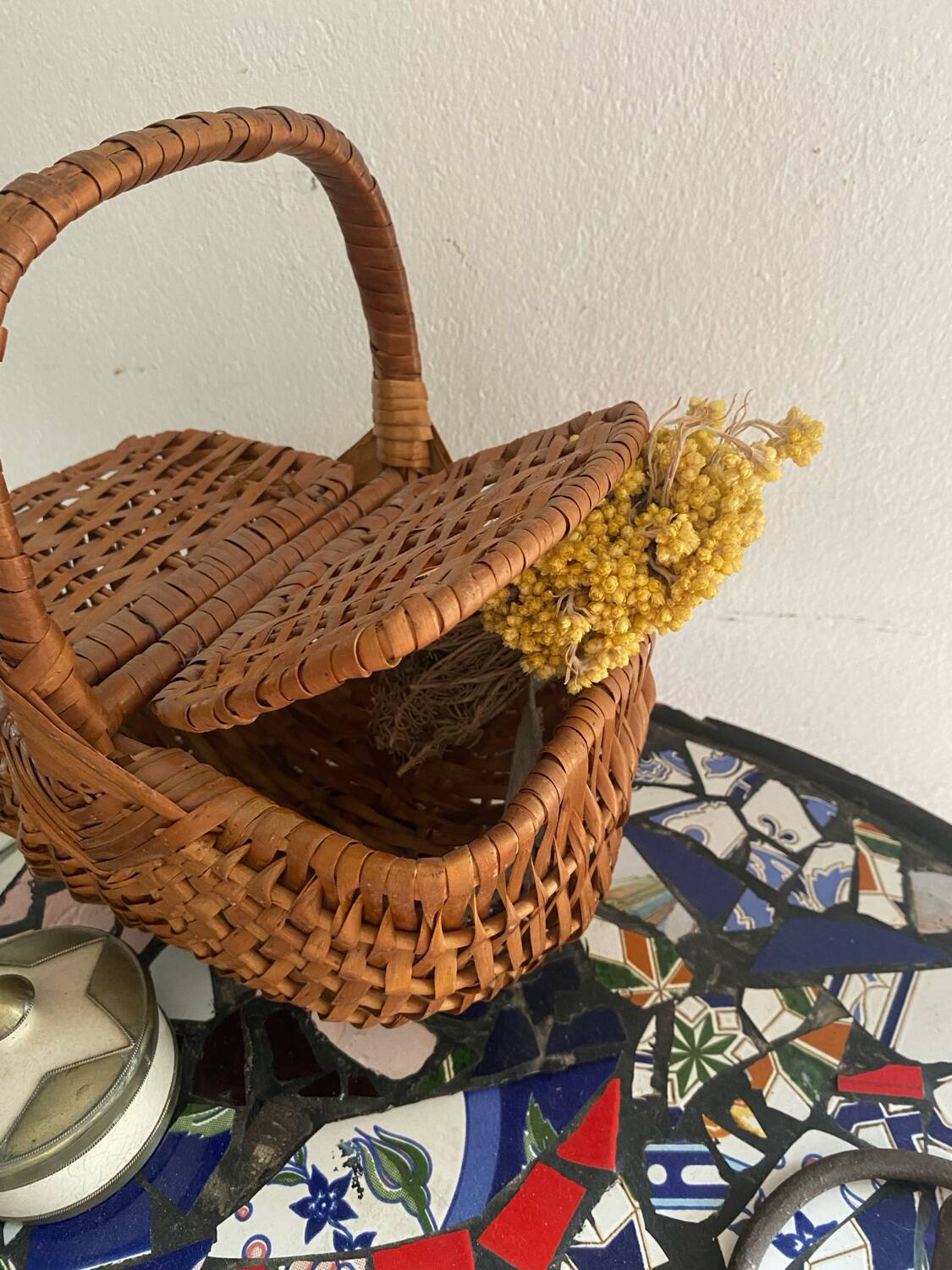 Brown woven vintage wicker basket with 2 lids.