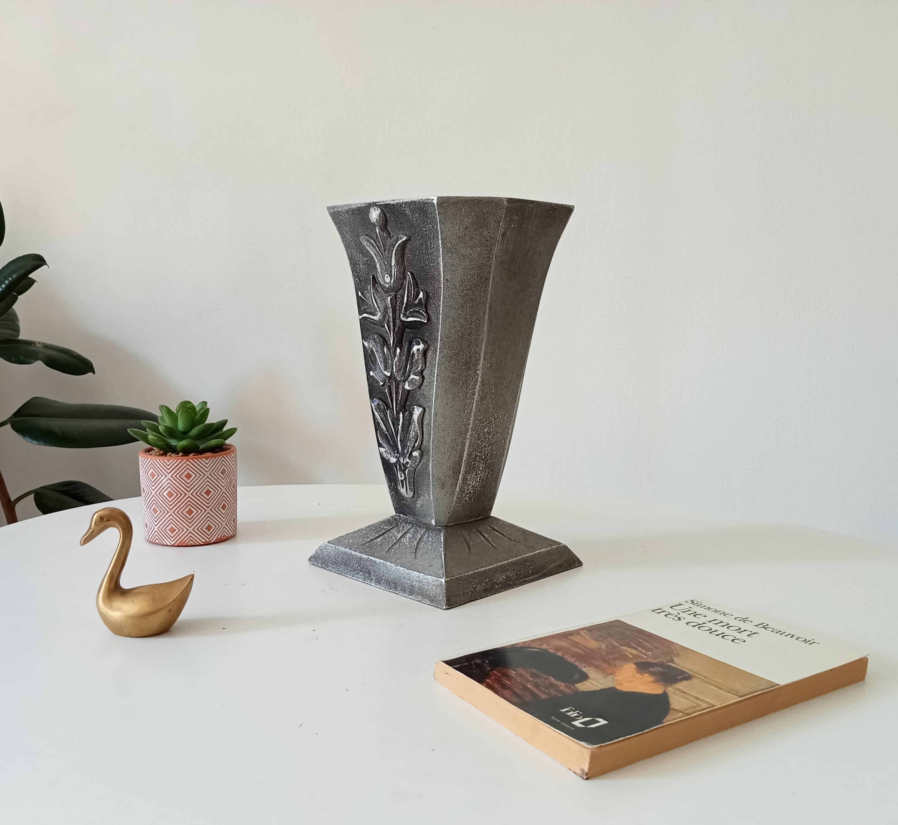 Antique art deco vase in solid aluminum