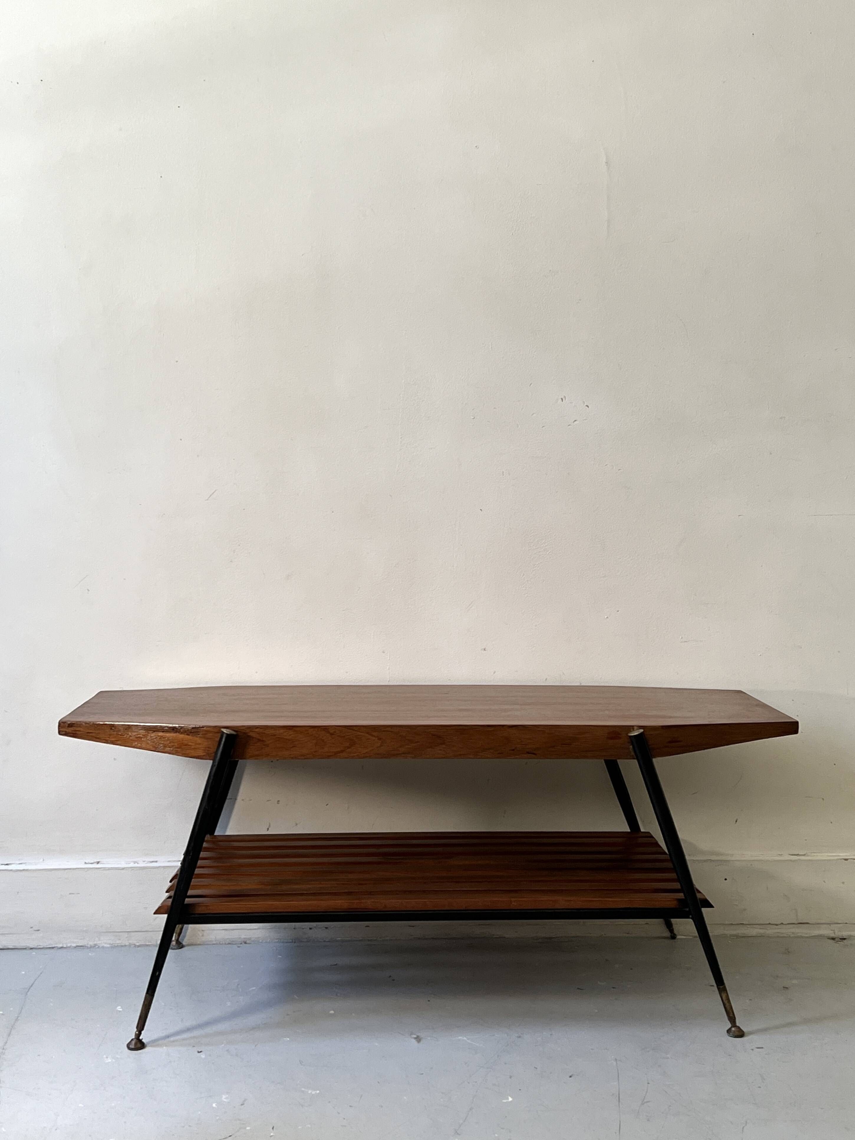 Mid-century coffee table with 2 mahogany wood tops and brass detail, Italy.