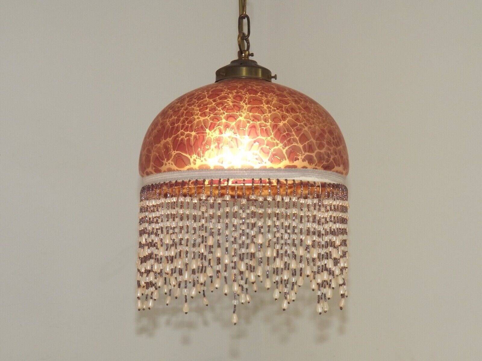 French Mid Century Purple Art Glass Ceiling Light Beaded Fringed Shade 4491