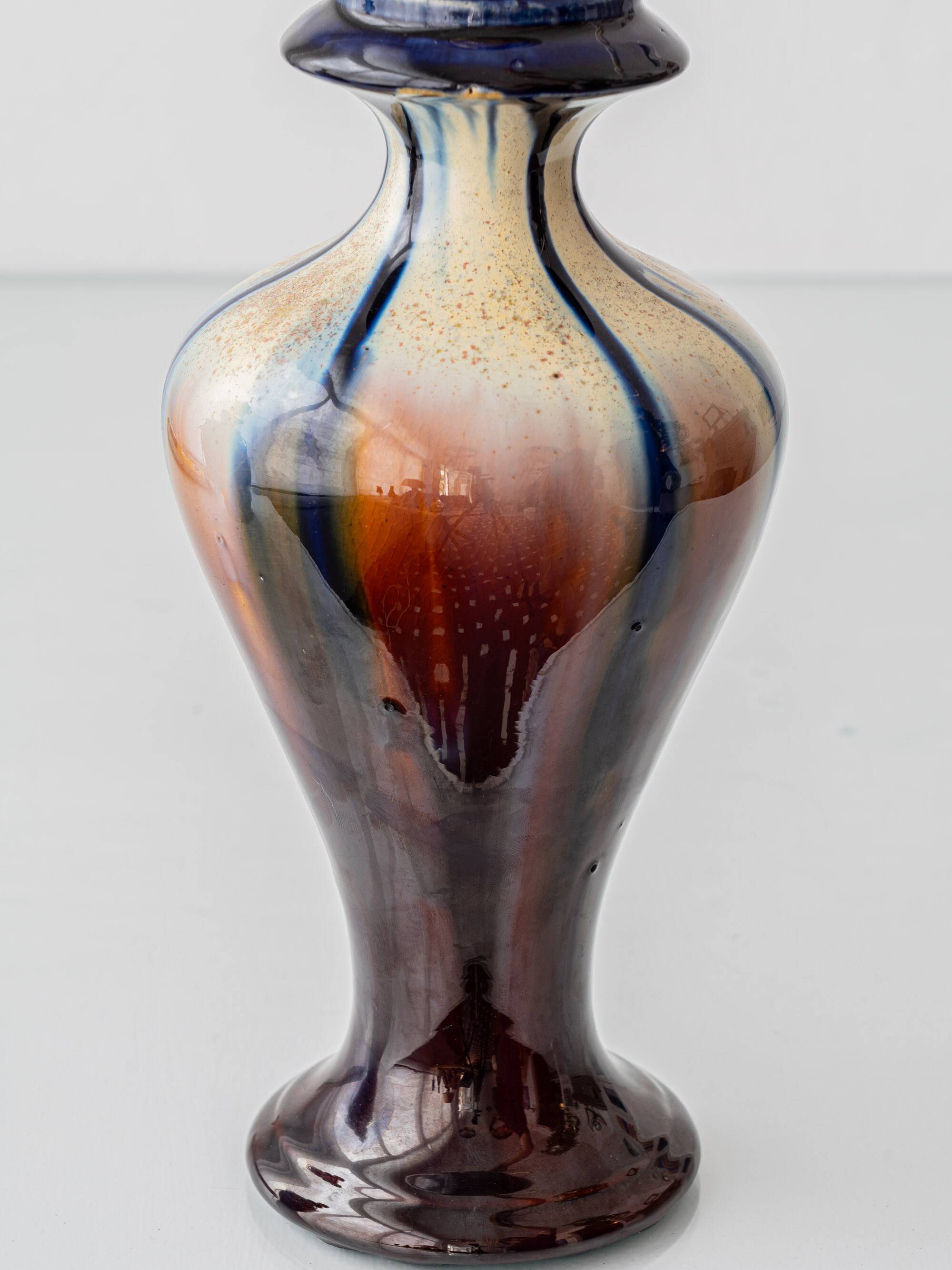 Belgian Art Deco Ceramic Table Lamps, Pair, Flambé Drip Glaze, New Silk Shades