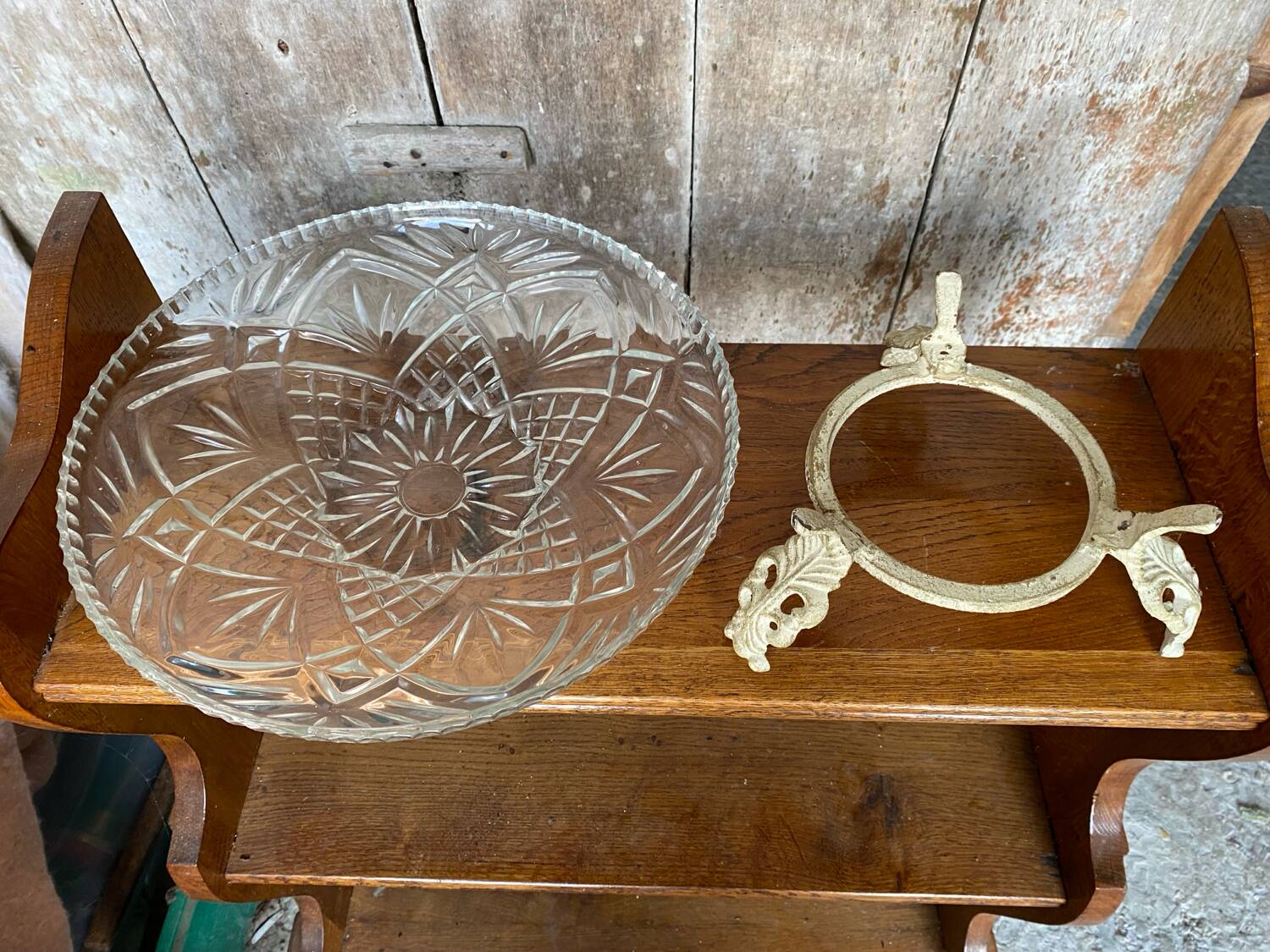 Antique fruit bowl centerpiece molded glass + vintage wrought iron