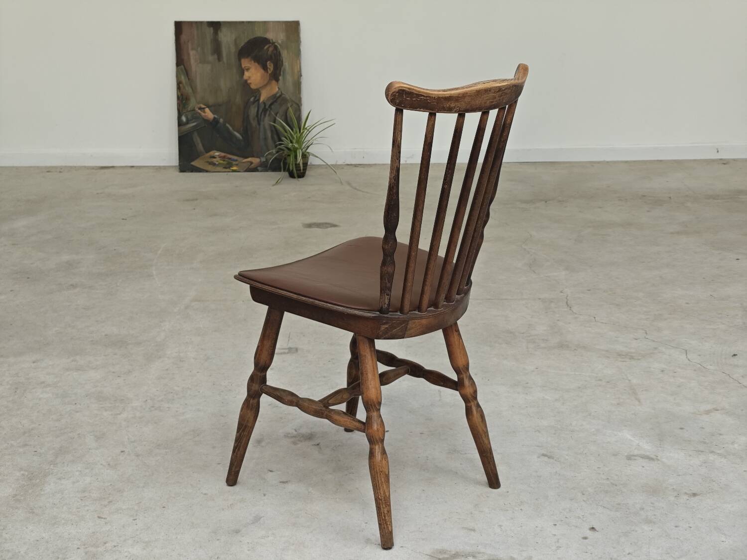 Baumann Tacoma bistro chair, wood and brown faux leather, 1960.