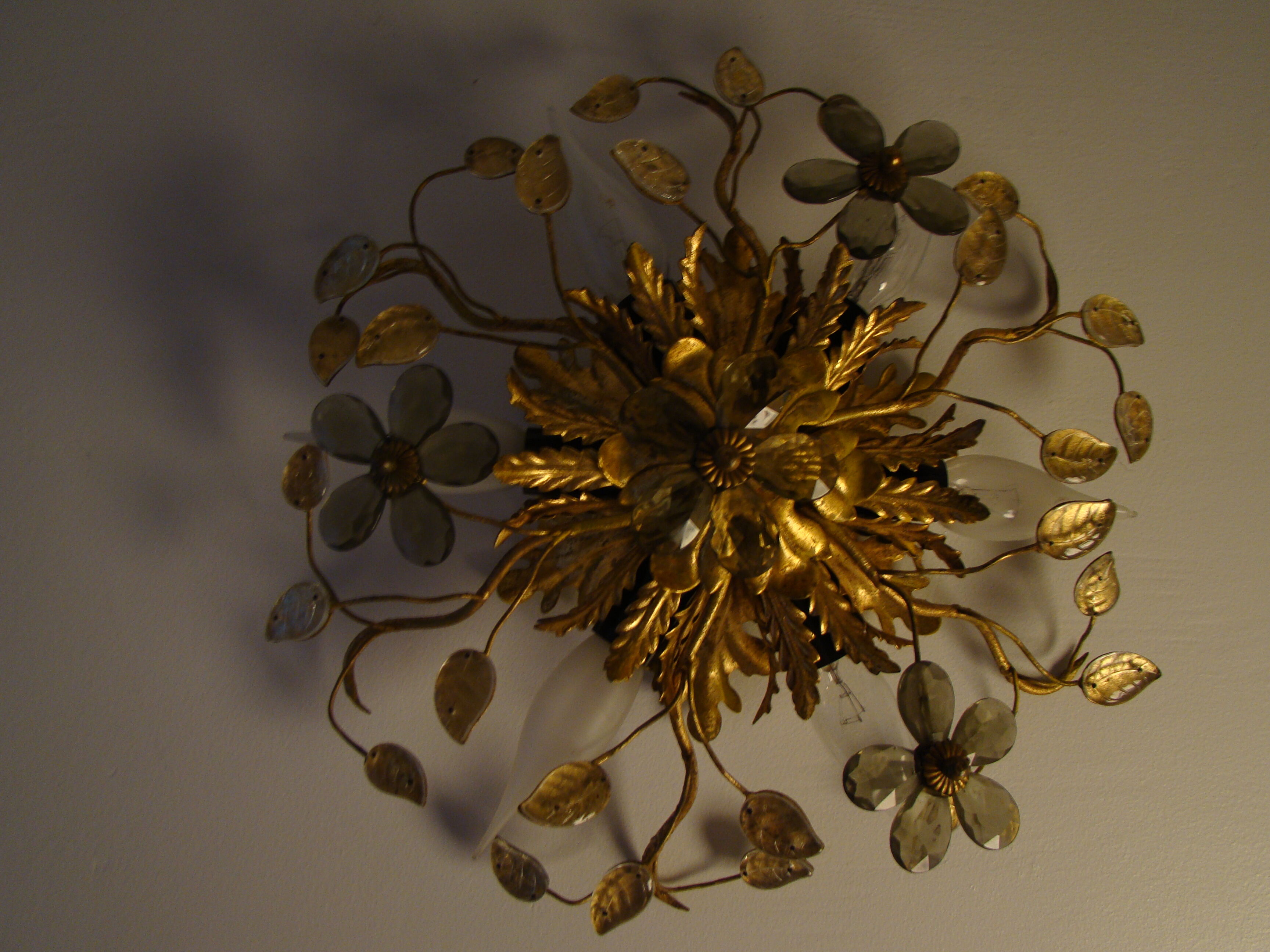 Vintage wall lamp or ceiling lamp in golden metal, glass flowers