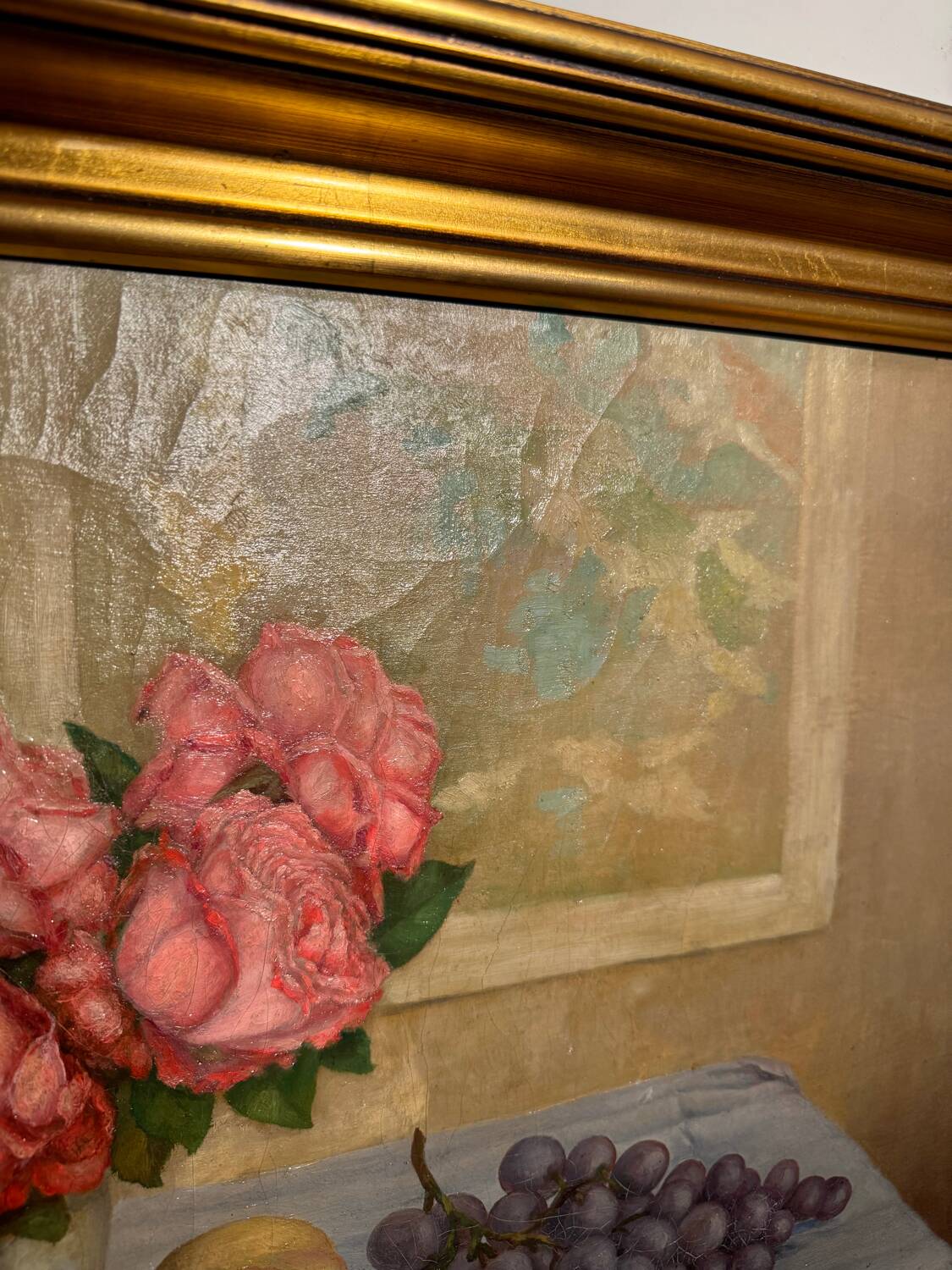 Old painting, Still life or roses and fruits, early 20th century