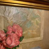 Tableau ancien, Nature morte ou roses et fruits début XX siècle