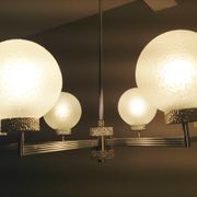 Six-light chrome metal chandelier and opaque glass globes / vintage 60s and 70s