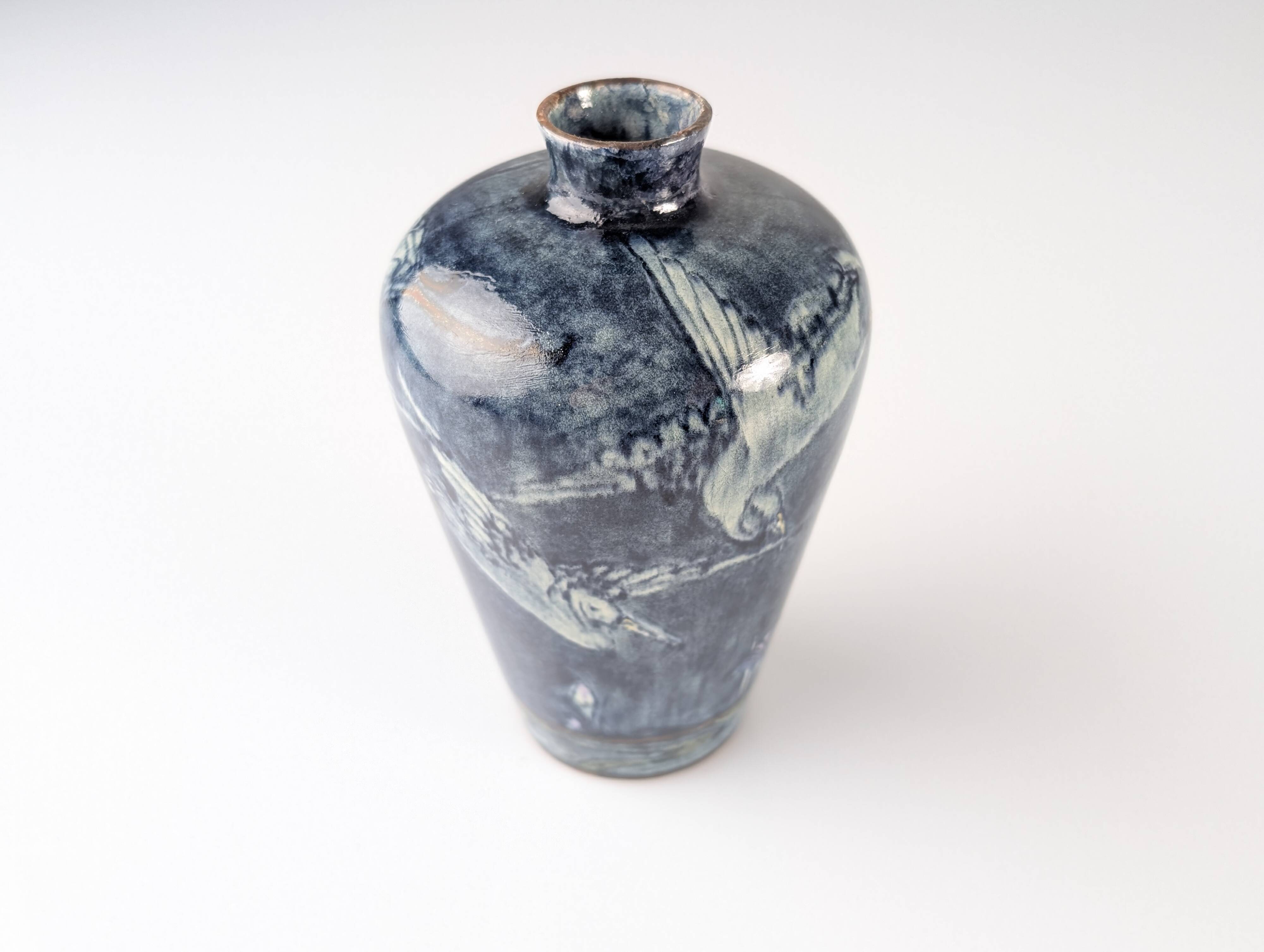 Art Nouveau Vase Herons and Flowers, J.W. Mijnlieff, Holland Utrecht 1900s