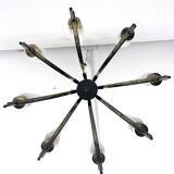 Mid-Century 8 lights brass and opaline glass chandelier. Italy 1950s