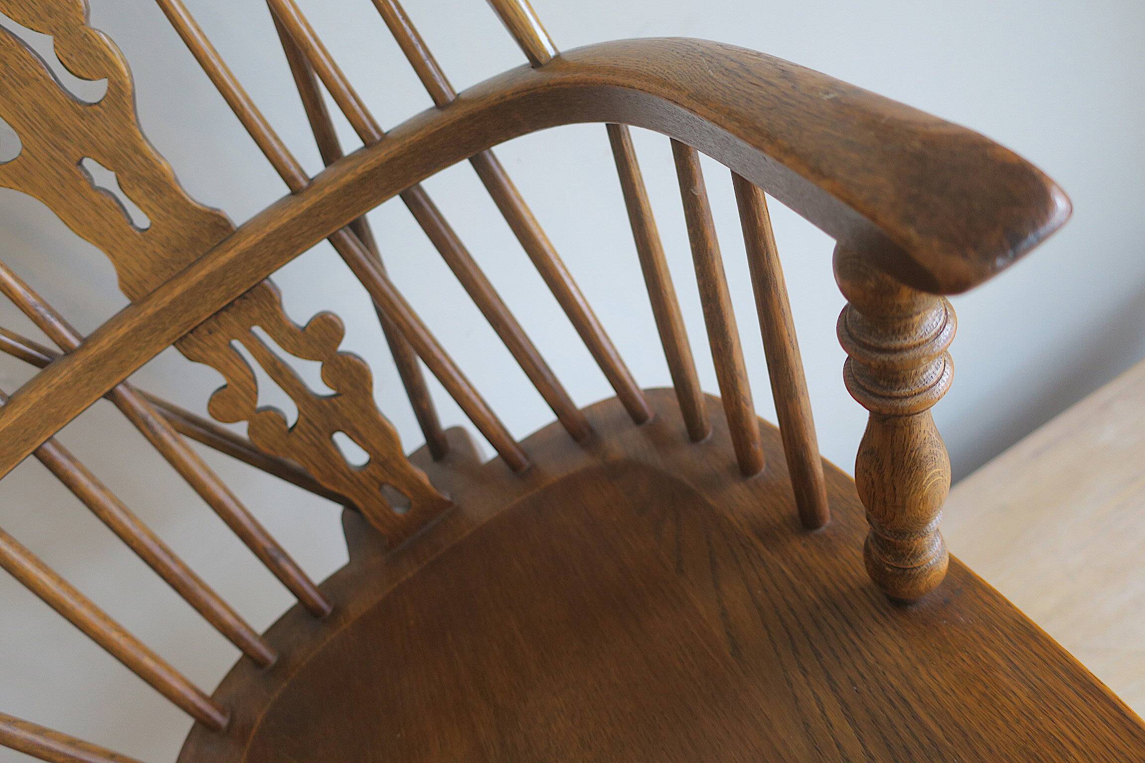 Mid century solid oak lyre-back Windsor elbow armchair, 1960s