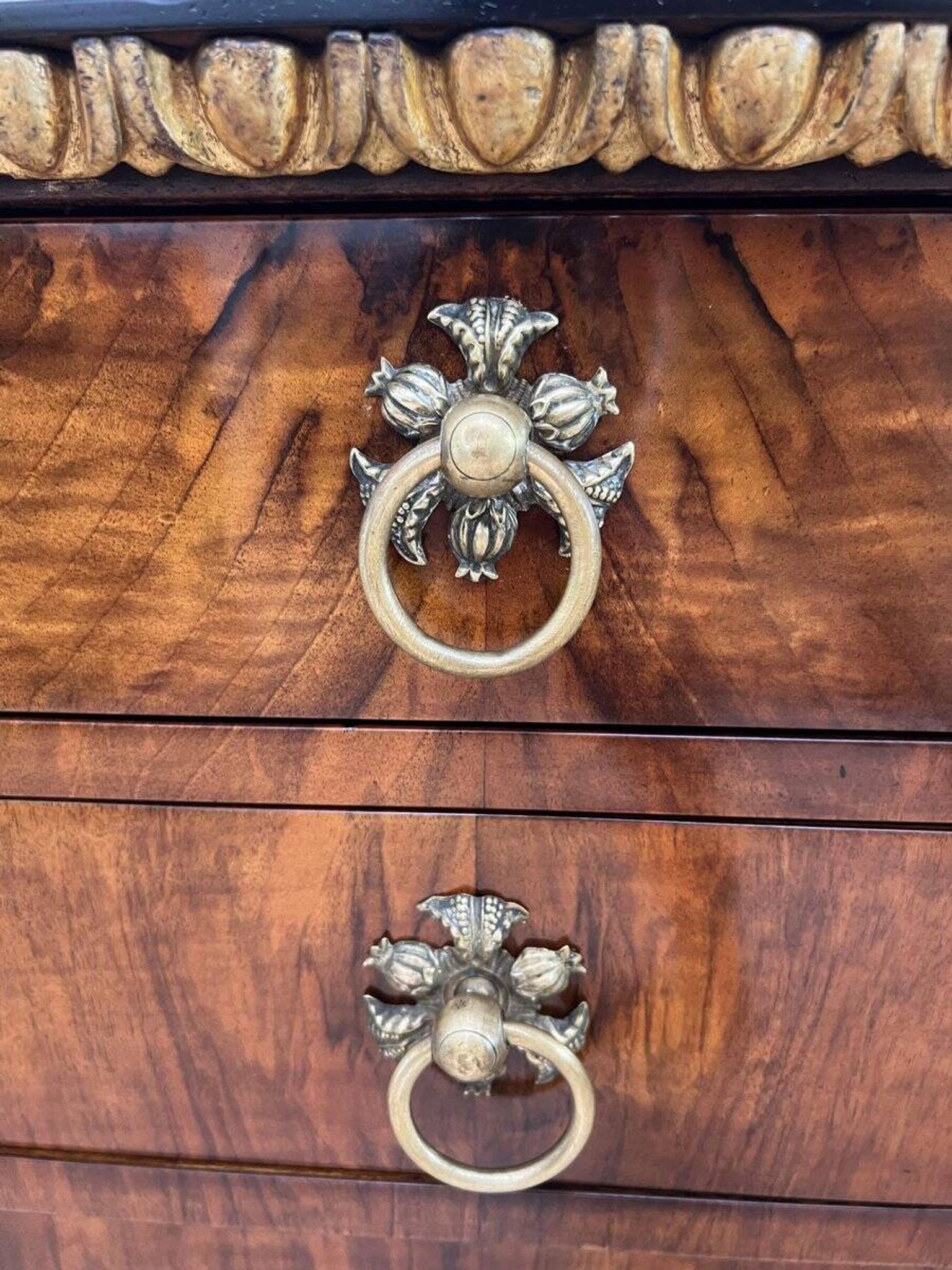 Biedermeier Chest in Walnut Veneer, Cherry, Gold Leaf & Brass, Austria, 1815